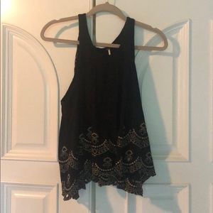 Embroidered Black Halter Tank Top with Open Back